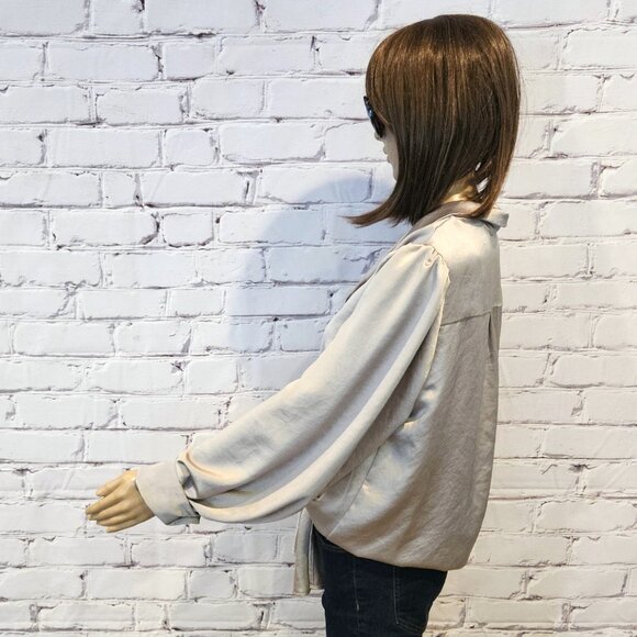 KAREN KANE - Satin front tie long sleeve taupe coloured blouse - Picture 8 of 10